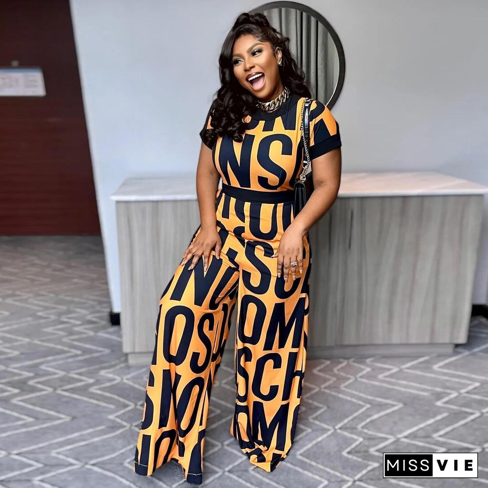 Letter Print Streetwear Short Sleeve Wide Leg Jumpsuits
