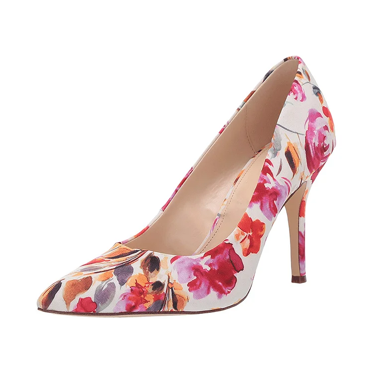 Red Floral Heels Pointed Toe Stiletto Heel Pumps |FSJ Shoes