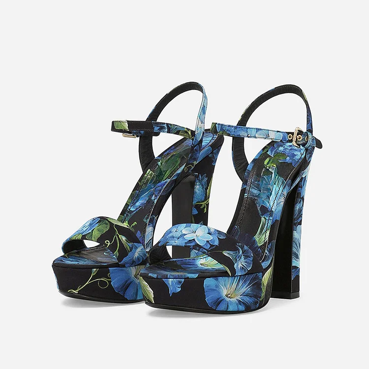 Blue & Black Floral Print Block Heel Ankle Strap Platform Sandals |FSJ Shoes
