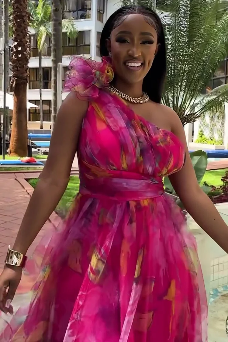 One Shoulder Rosette Floral Print Mesh Party Maxi Dresses-Fuchsia [Pre Order]