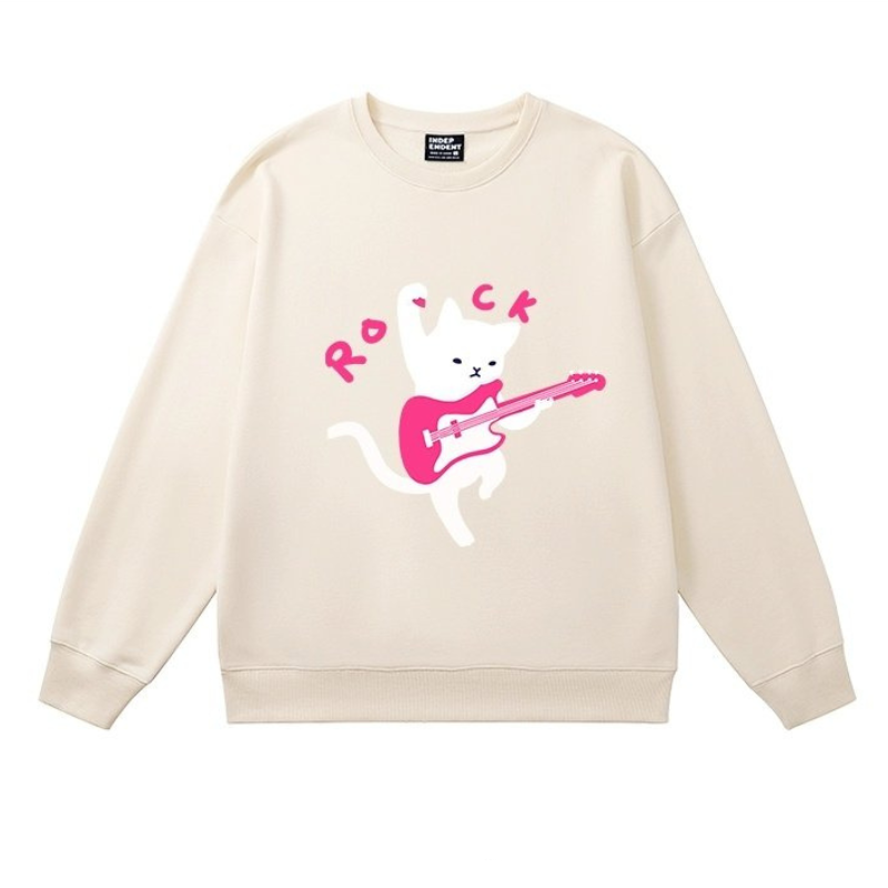 Women Rock Cat Playing Guitar Print Sweatshirt