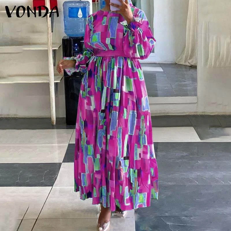 Holiday Maxi Dress 2022 VONDA Women Vintage Print Long Maxi Dress Beach Office Belt Pleated Long Sleeve Party Vestido