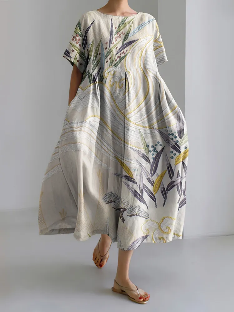 Japanese Art Print Short Sleeve Midi Dress