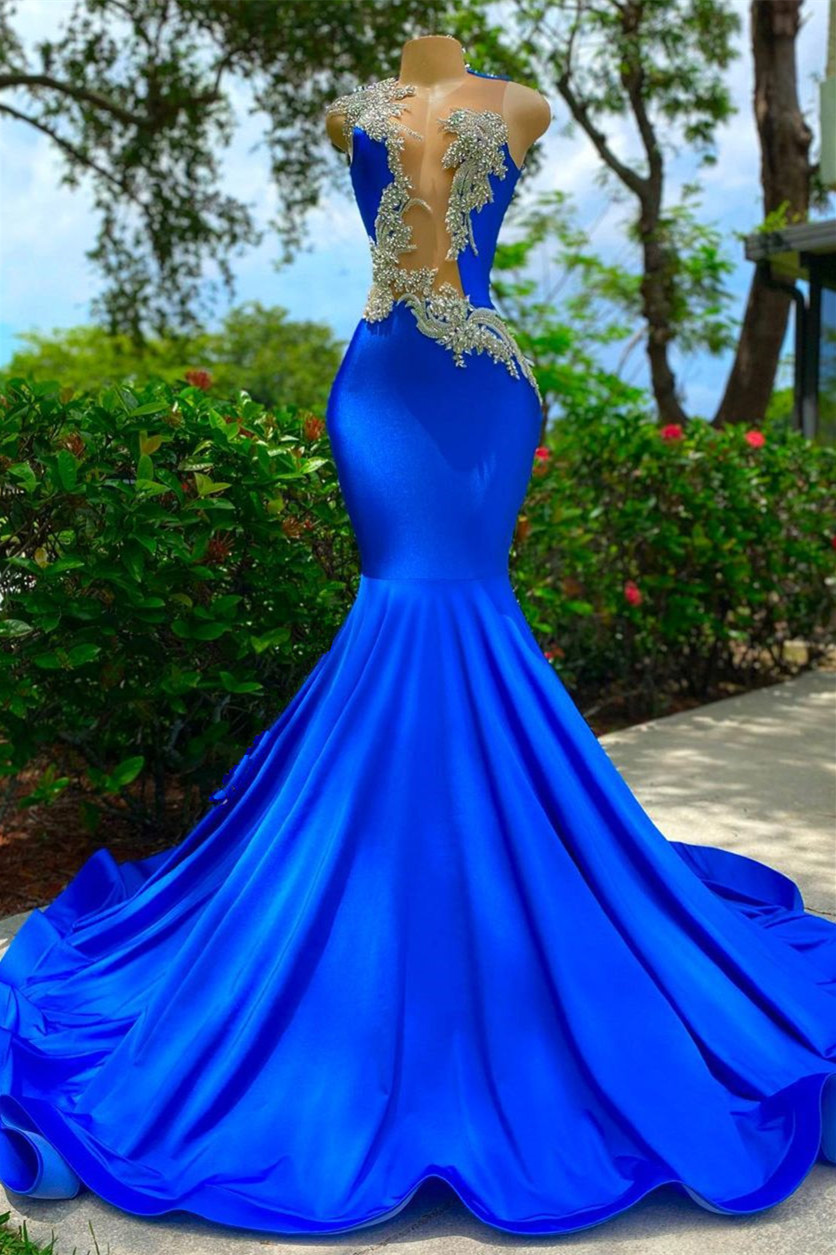 Dresseswow Royal Blue Mermaid Prom Dress Sleeveless Long With Appliques Beads