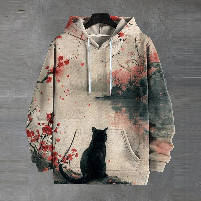 Men's Retro Japanese Black Cat Art Art Pattern Hoodie