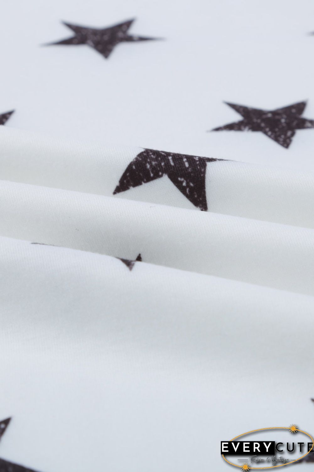 White Crew Neck Star Print Drawstring Loungewear Set with Pocket