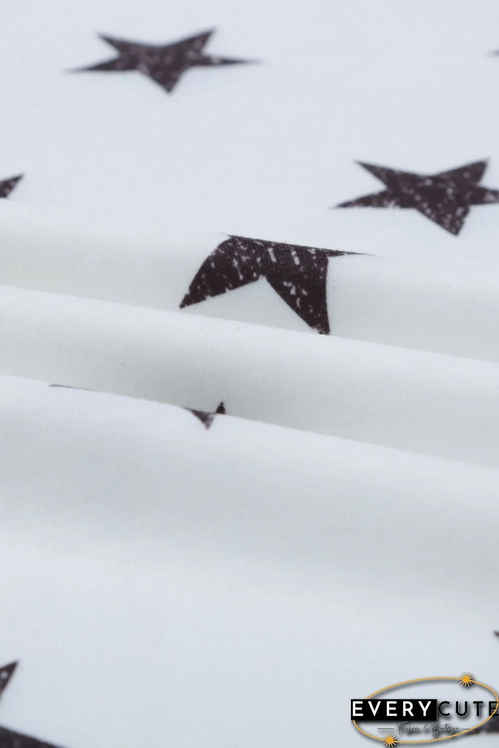 White Crew Neck Star Print Drawstring Loungewear Set with Pocket