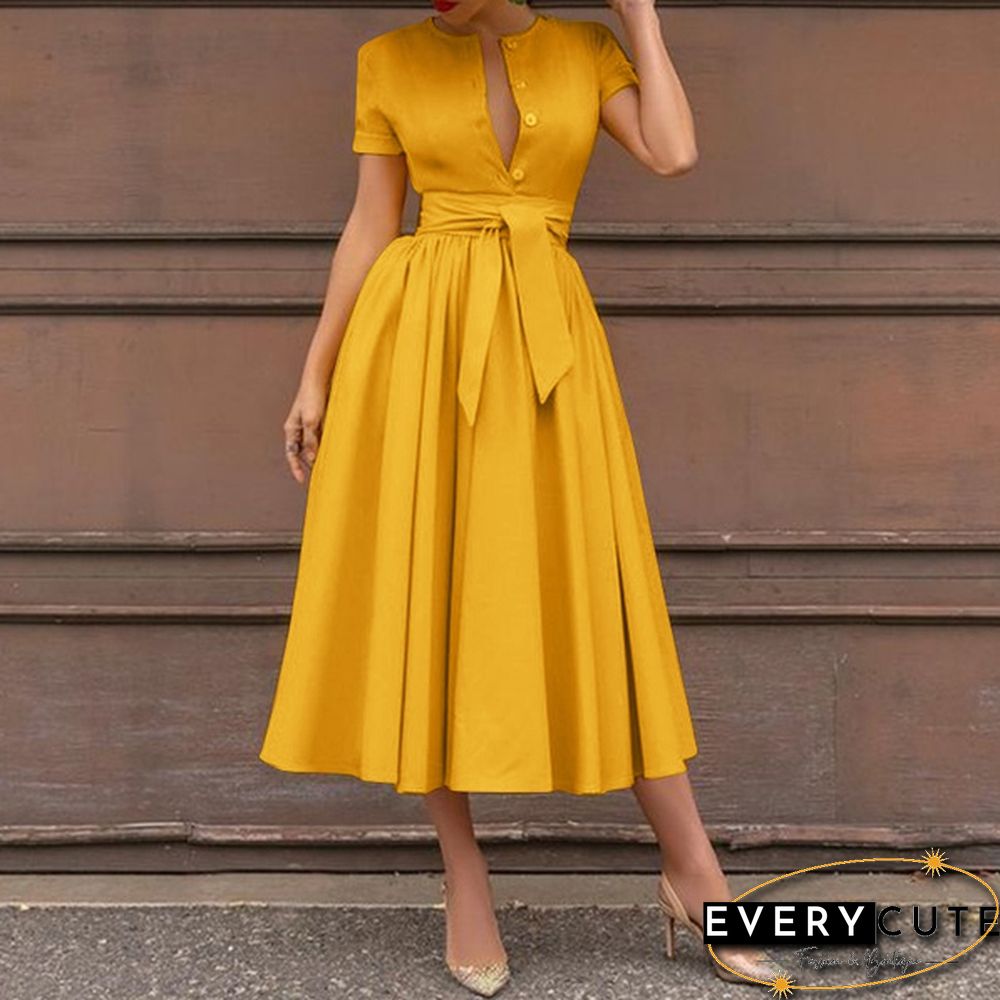 Retro Women Summer Sexy Short Sleeve Long Shirt Dress Party Elegant Big Swing Pleated Maxi Sundress