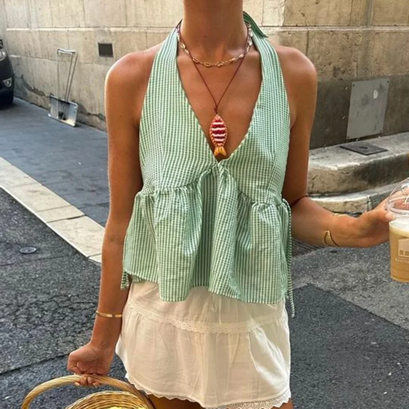 Women Holiday Plaid Babydoll Tank Tops Coquette Tie-up Halter Neck Sleeveless Vest Summer Backless Crop Tops