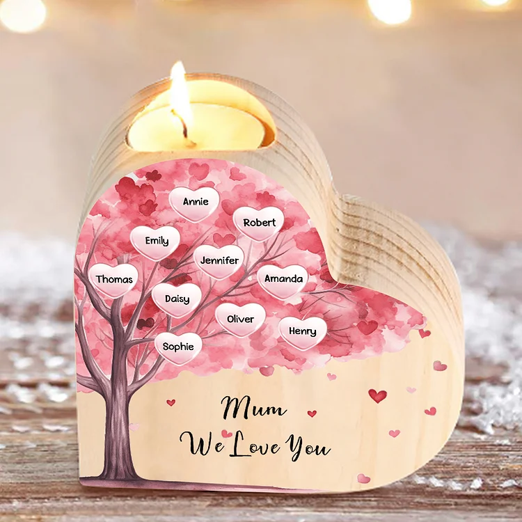 10 Names-Personalized Pink Heart Tree Heart-Shape Candlestick Set With Gift Box Custom Text  Mother's Day Gift Wooden Custom Candle Holder For Family