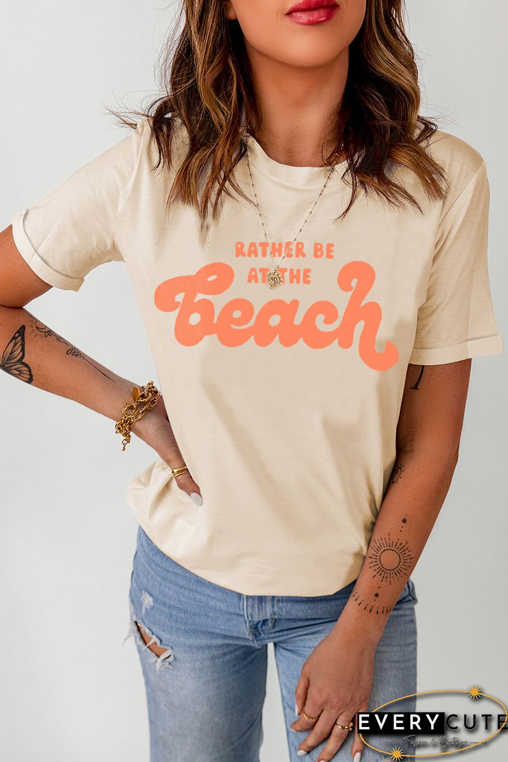 Khaki RATHER BE AT THE BEACH Letters Crew Neck Tee