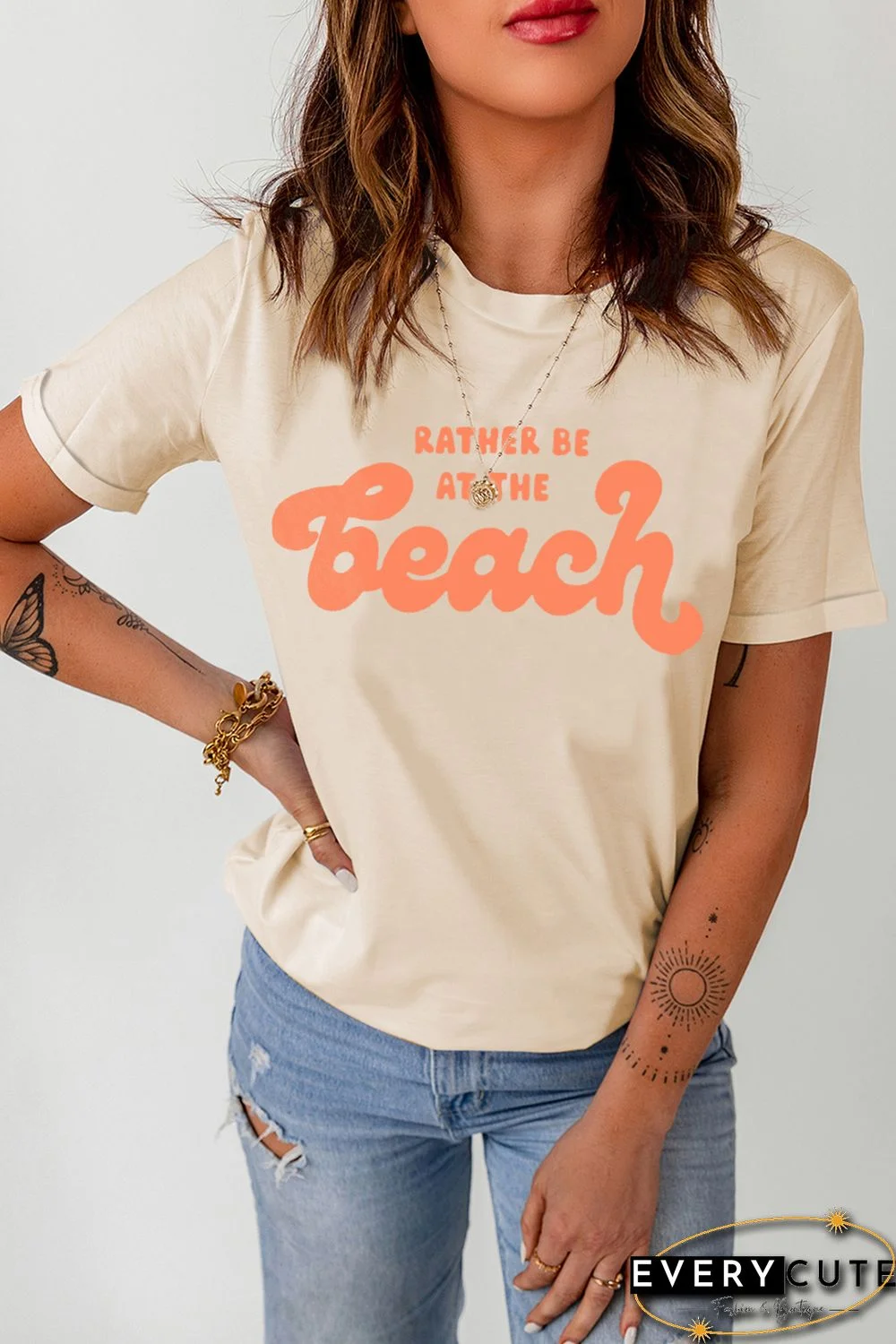 Khaki RATHER BE AT THE BEACH Letters Crew Neck Tee