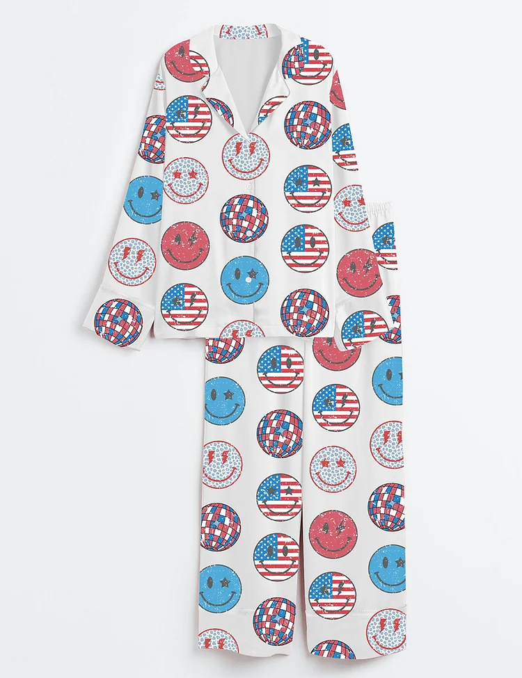 Women&rsquo;s Patriotic Stars Stripes USA Flag 4th Of July American Flag Independence Day Red White Blue Smile Face Long Sleeve Satin Pajama Set
