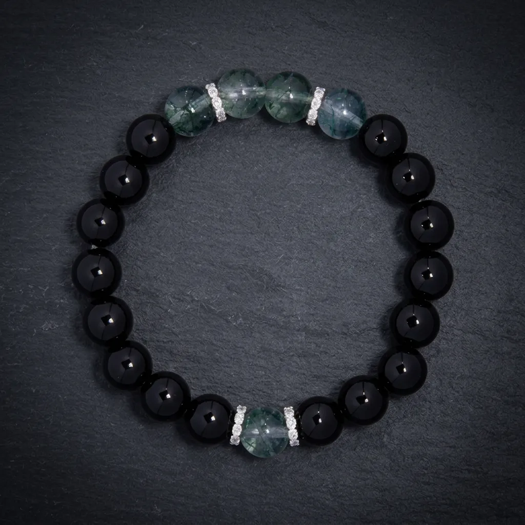 Mystic Realm: Obsidian & Green Phantom Quartz S925 Silver Bracelet Mystic Realm Edition + Certificate of Authenticity-S925 Sterling Silver