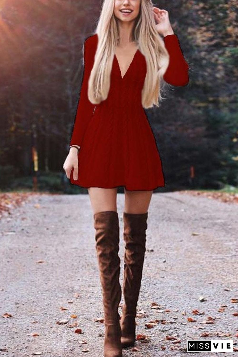 Sale Loose Solid Color Deep V Knitted Dress