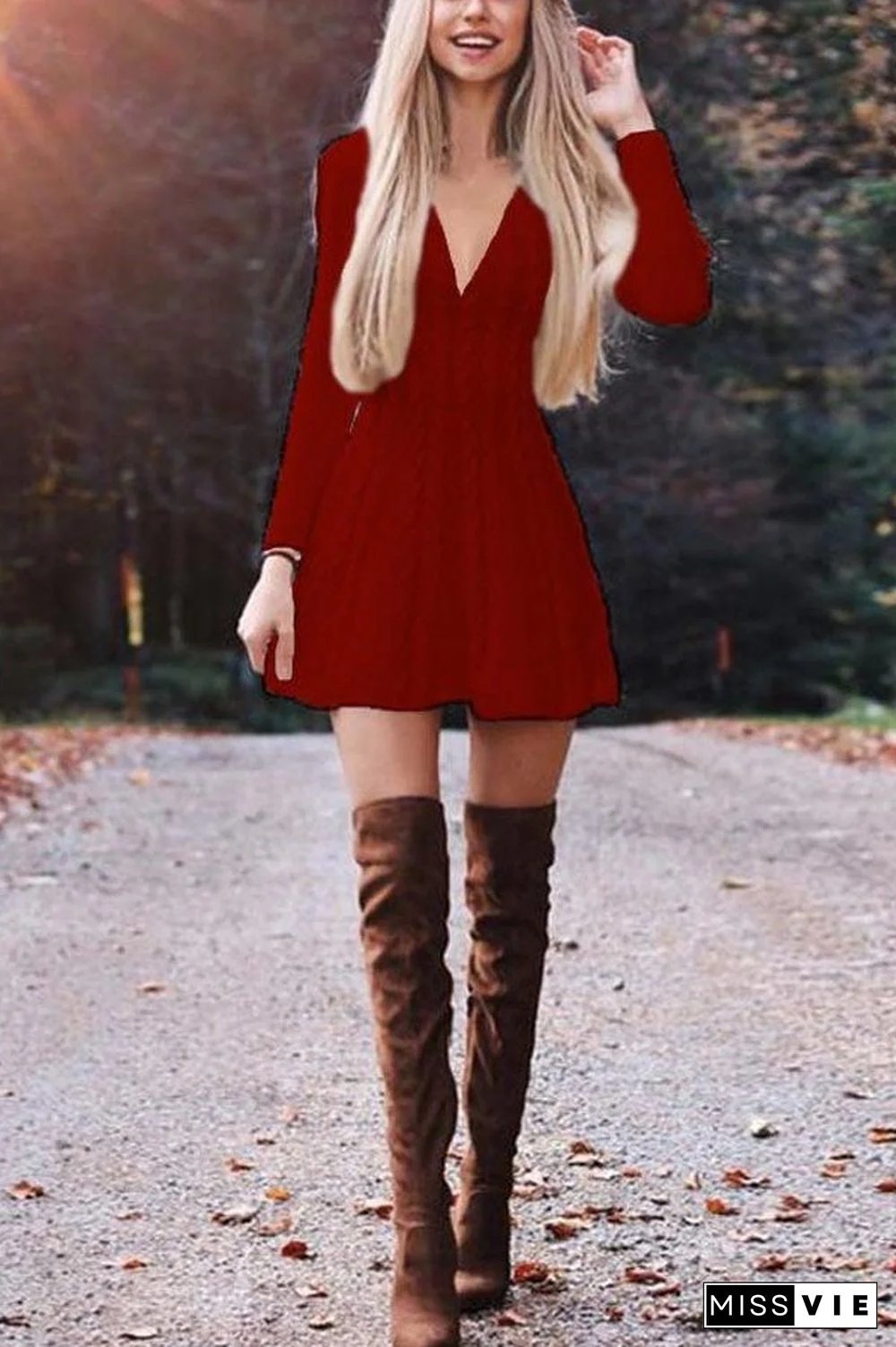 Sale Loose Solid Color Deep V Knitted Dress