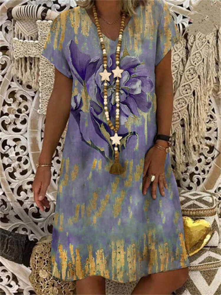 Elegant Flower Art V Neck Midi Dress  artssus