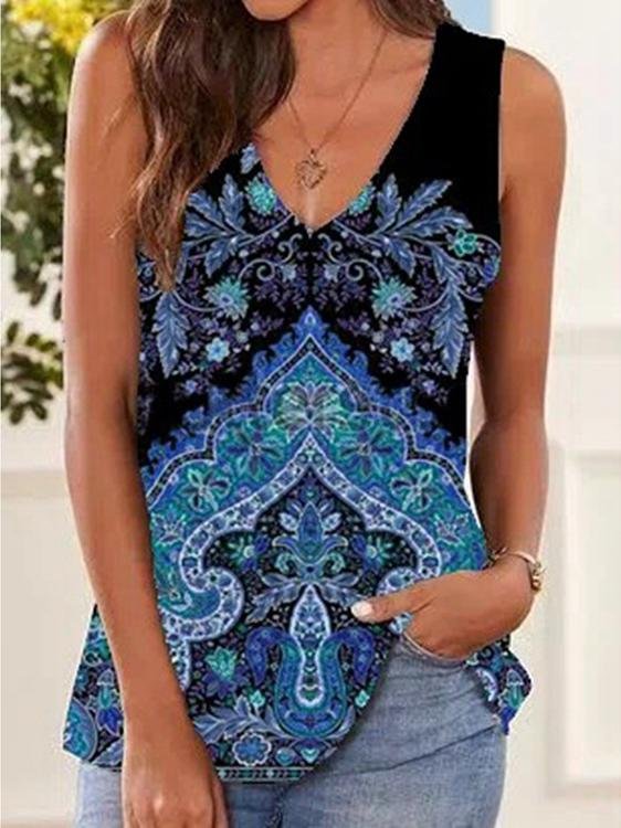 Women's Sleeveless V-neck Floral Printed Tops T-shirts