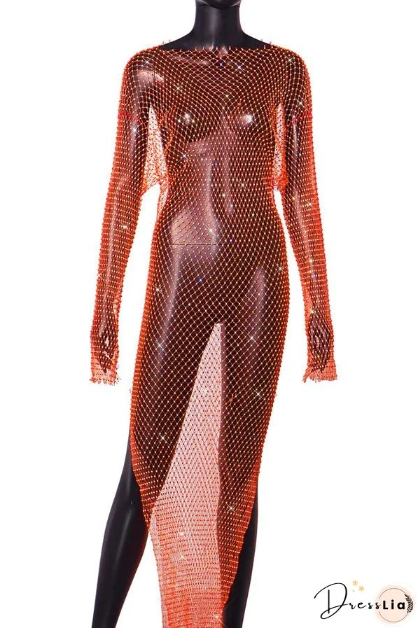 Best Layering Items Diamond Mesh Wide Neck Long Sleeve Slit Cover-up Maxi Dress