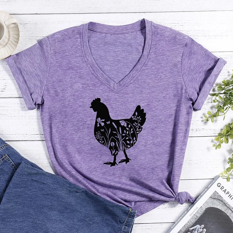 Floral chicken V-neck T Shirt