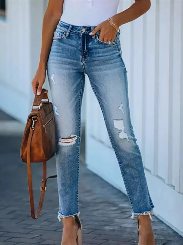 Women plus size clothing Women's Stretch Tassels Holes Jeans Pants-Nordswear