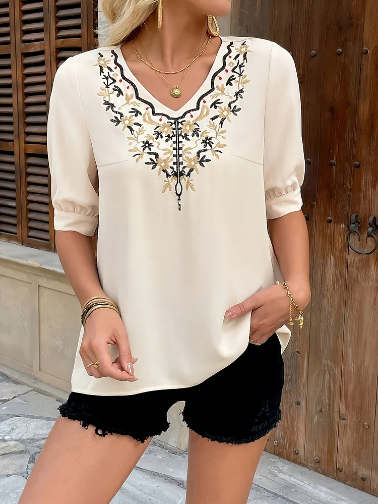 Women's Elegant V-Neck Embroidered Blouse - Lightweight Short Sleeve Casual & Office Shirt, Machine Washable Spring Summer Top With Floral & Geometric Design, Versatile For Casual Attire, Leisure Clothing, Nontransparent Fabric