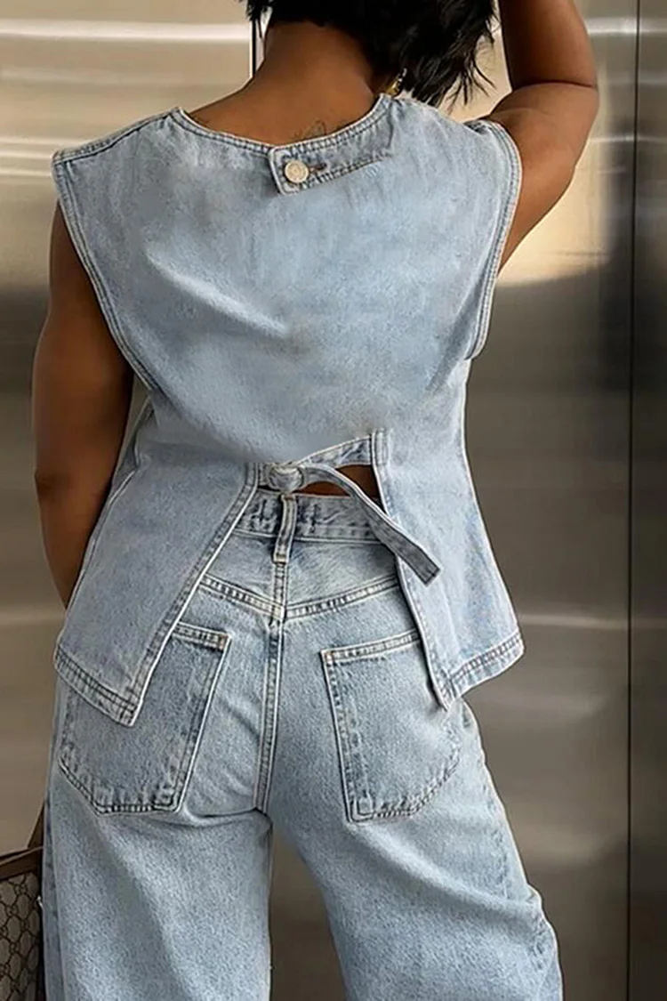 Plus Size Daily Light Blue Casual Round Neck Pocket Denim Two Piece Short Sets [Pre-Order]