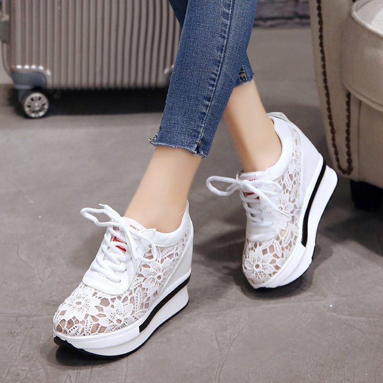 Yyvonne 2022 New Women Wedge Platform Sneakers Rubber Leather High Heels Lace Up Shoes Height Increasing White Thick Bottom 40