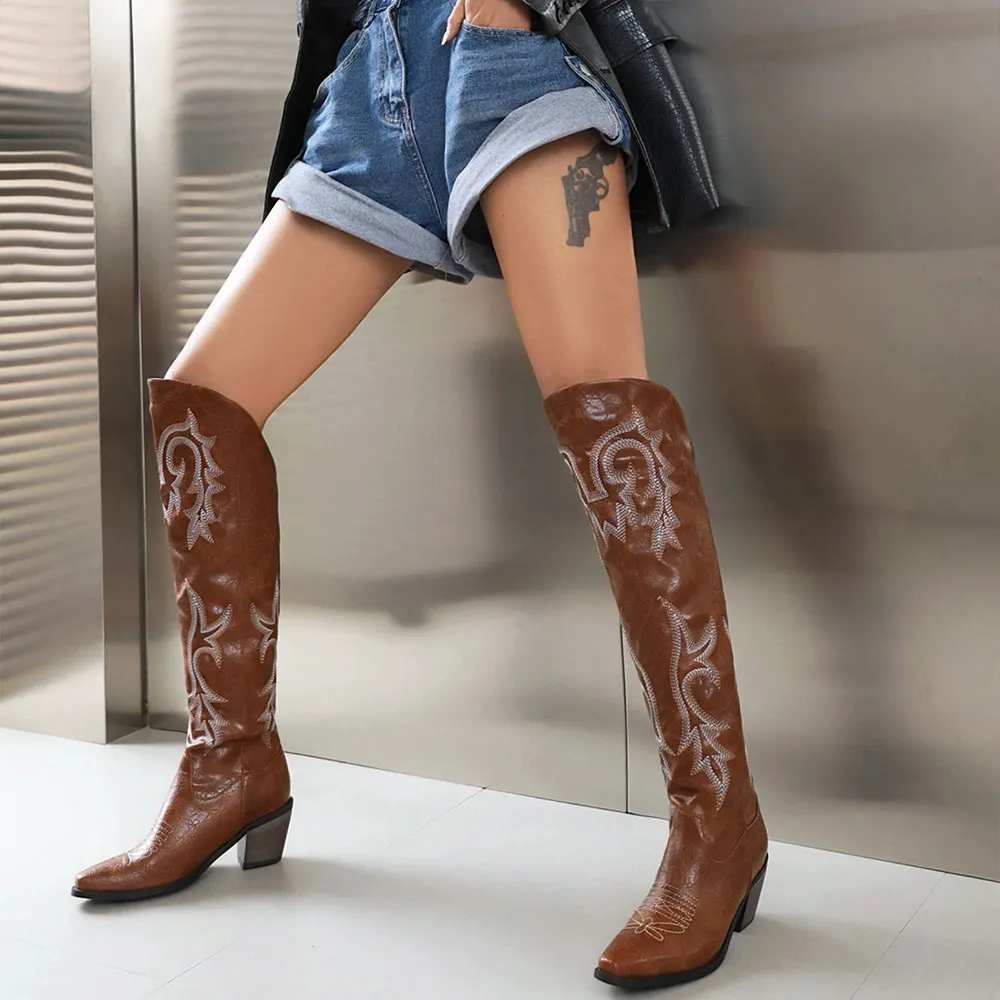 Women's Brown Block Heel Embroidered Knee High Cowgirl Boots