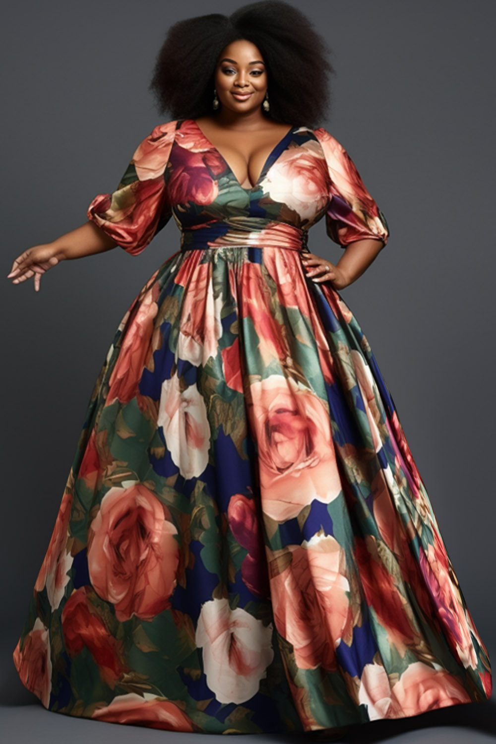 Design Plus Size Elegant Multicolor Floral V Neck Lantern Sleeve Satin Maxi Dresses [Pre-Order]