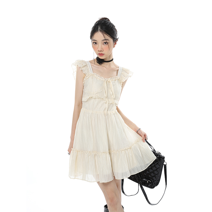 Tisones hoco dresses 2025 Summer Solid Ruffles Sweet Style Backless Slash Neck Mini Suspender Mini Dresses Women High Street Chiffon Lace-up Dress