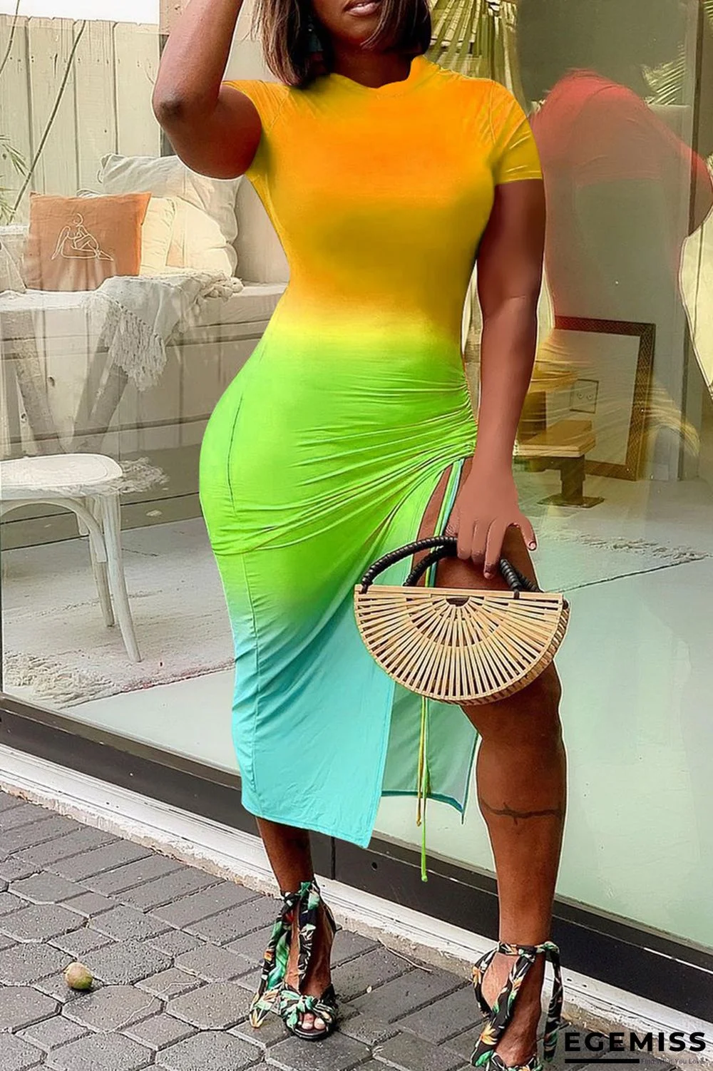 Yellow Fashion Casual Gradual Change Print Slit O Neck Short Sleeve Dress | EGEMISS