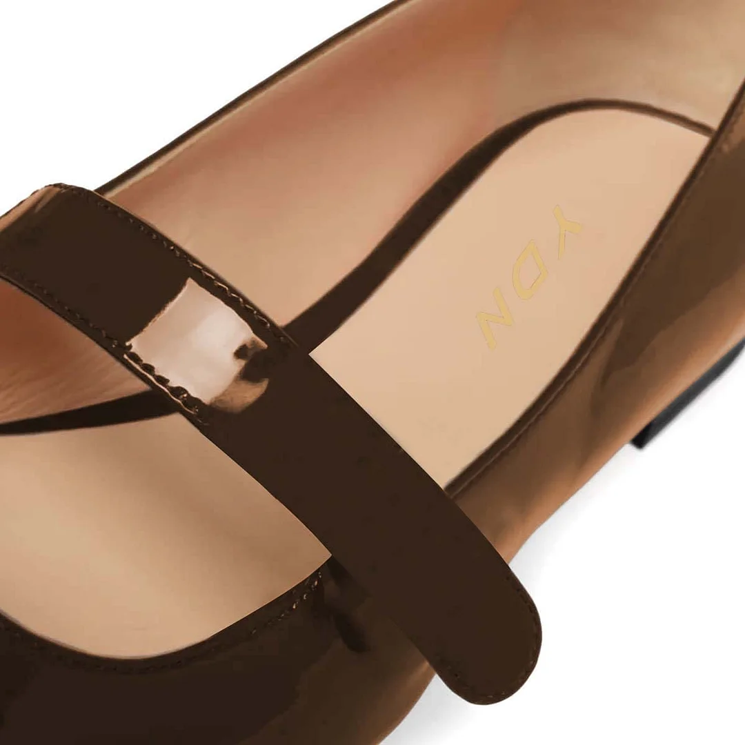 Casual Brown Patent Leather Square Toe Flats with Vamp Strap