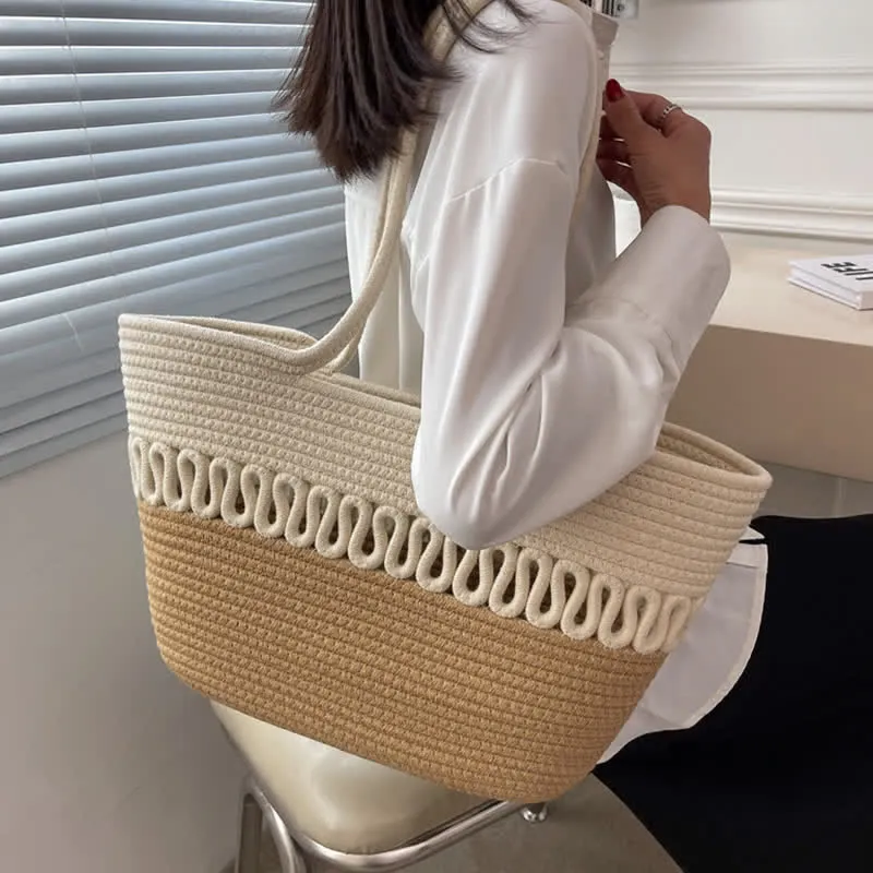 Vintage Colorblock Dot Hollow Boho Handmade Straw Tote Bag