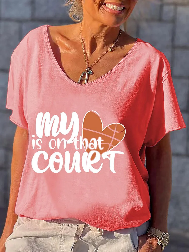 My Heart Is On That Court Basketball V Neck T-shirt-Annaletters