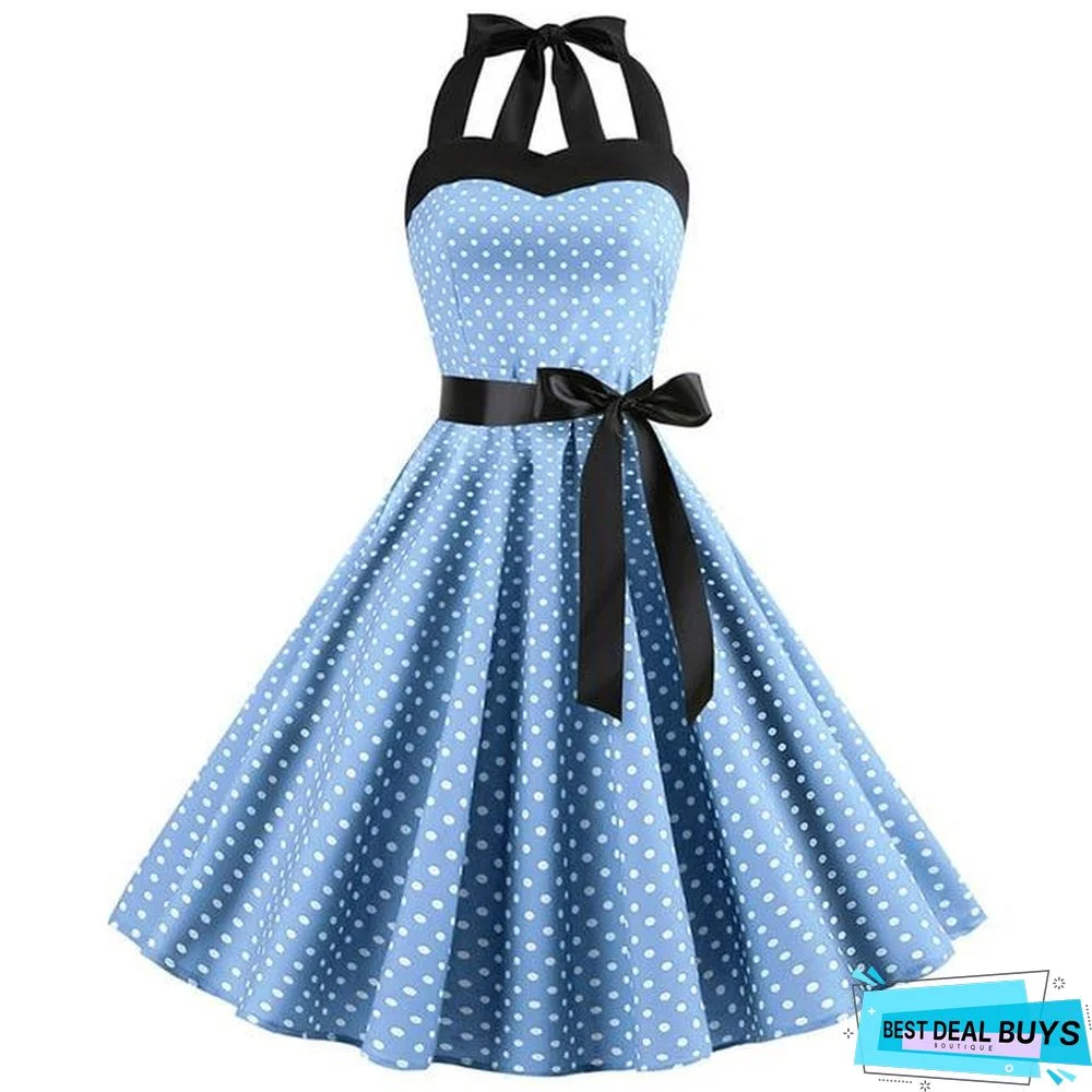 Sexy Halter Party Dress Retro Polka Dot Vintage Dresses Elegant Midi Dress