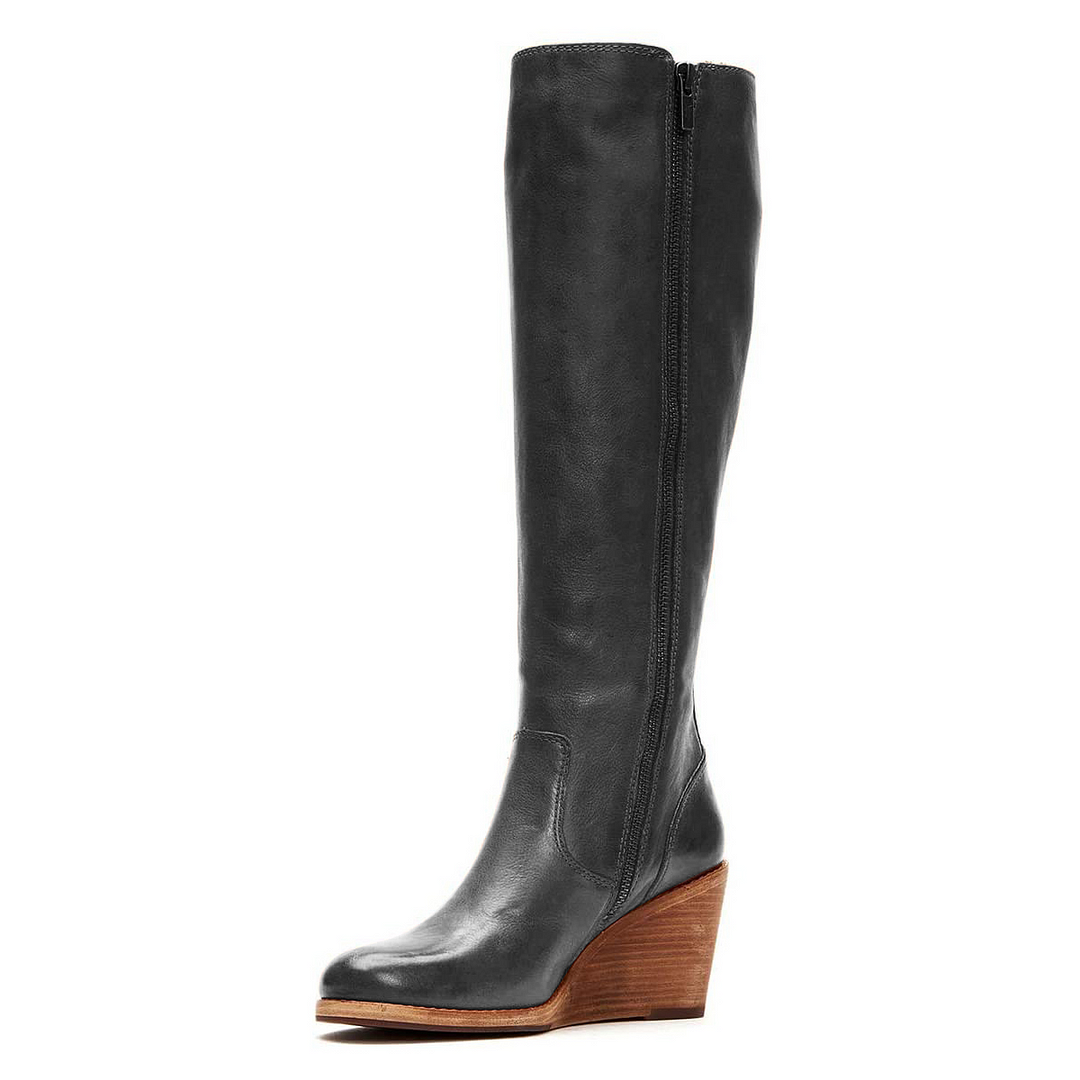 Black Leather Pointed Toe Boots Zipper Wedge Heels Nicepairs