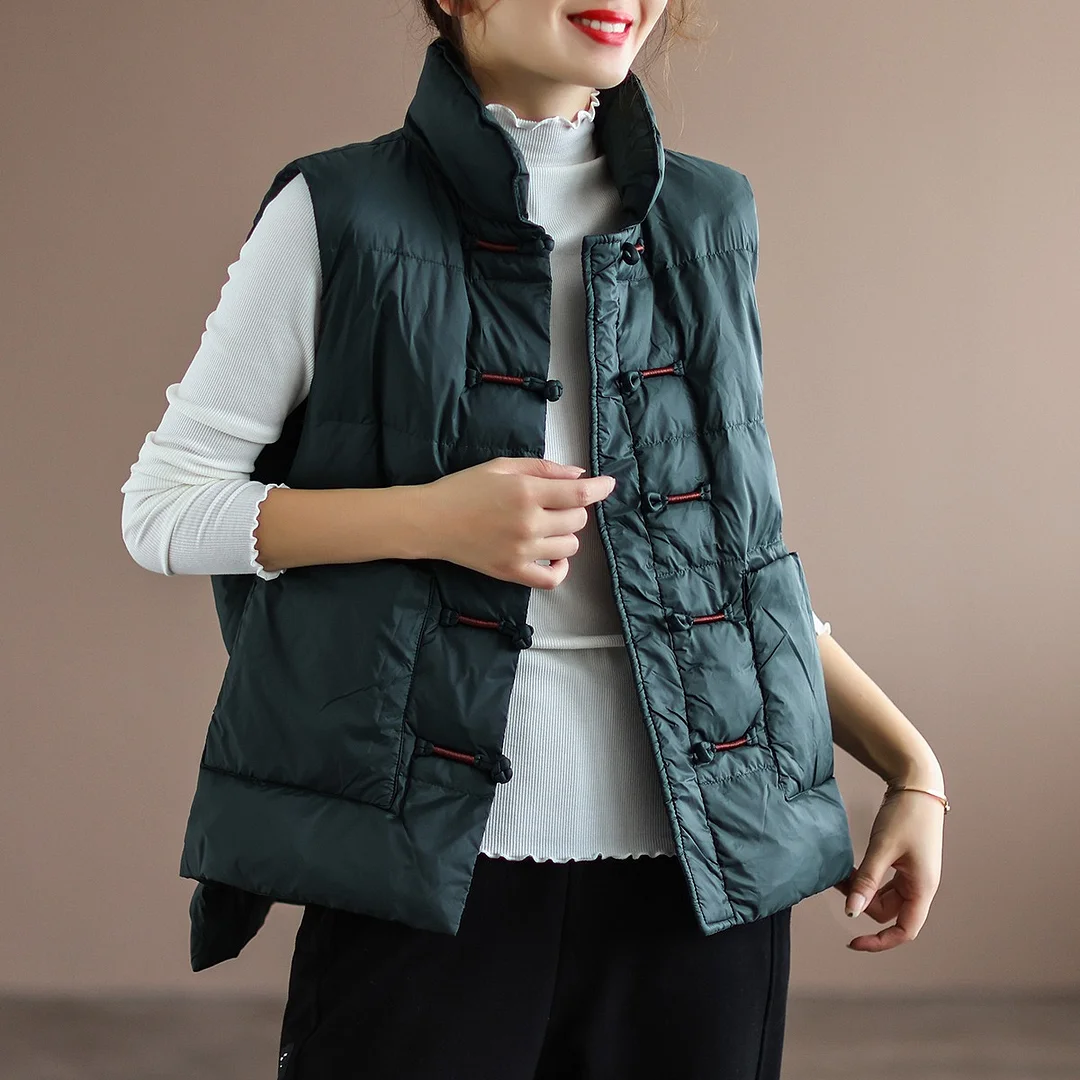 Toloer National Wind Down Vest Female Wear 2024 Winter New Plate Buckle Collar Light Warm White Duck Velvet Vest Coat-Outfit Ideas