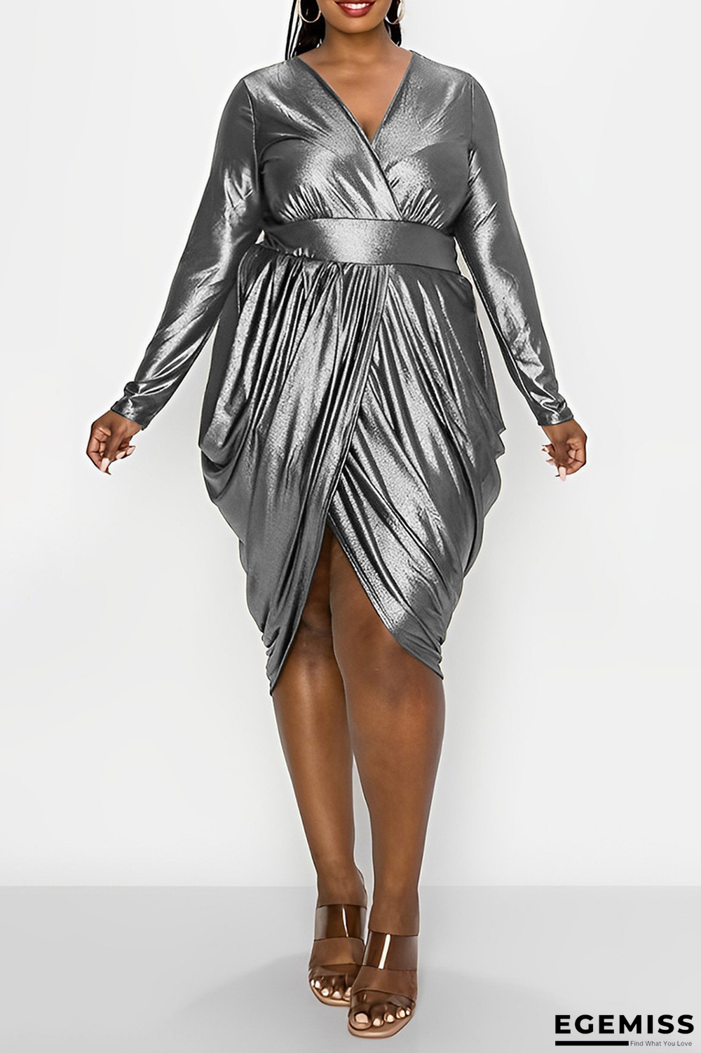 Silver Party Solid Fold Plus Size Dresses | EGEMISS