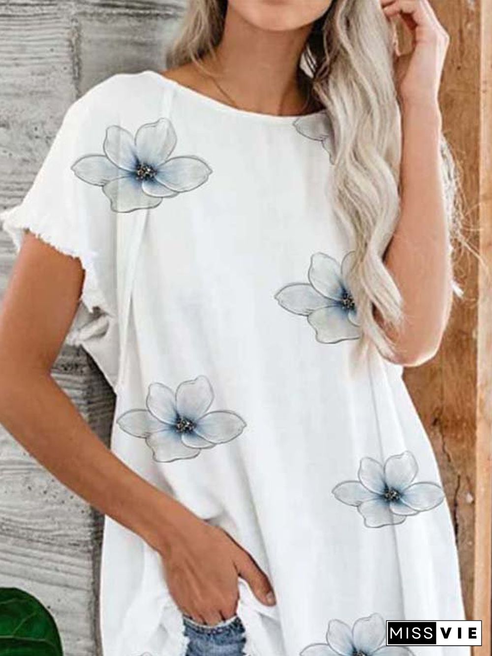 Cotton-Blend Casual Floral-Print Crew Neck Tops