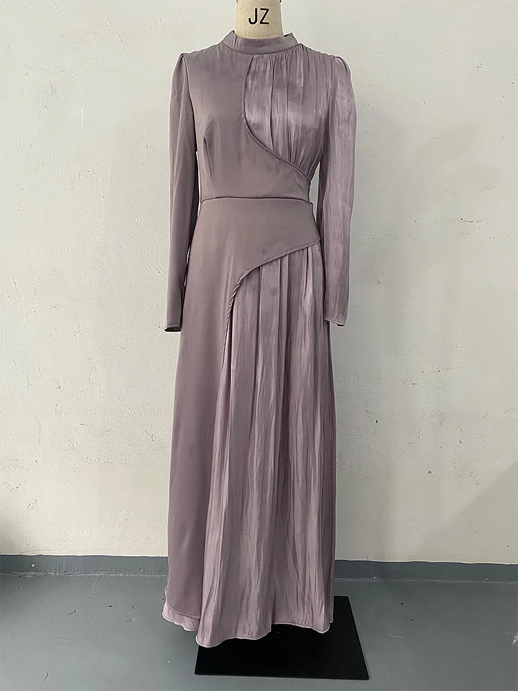 Round Neck Multicolor Long Sleeve Slim Fit Belt Retro Dress