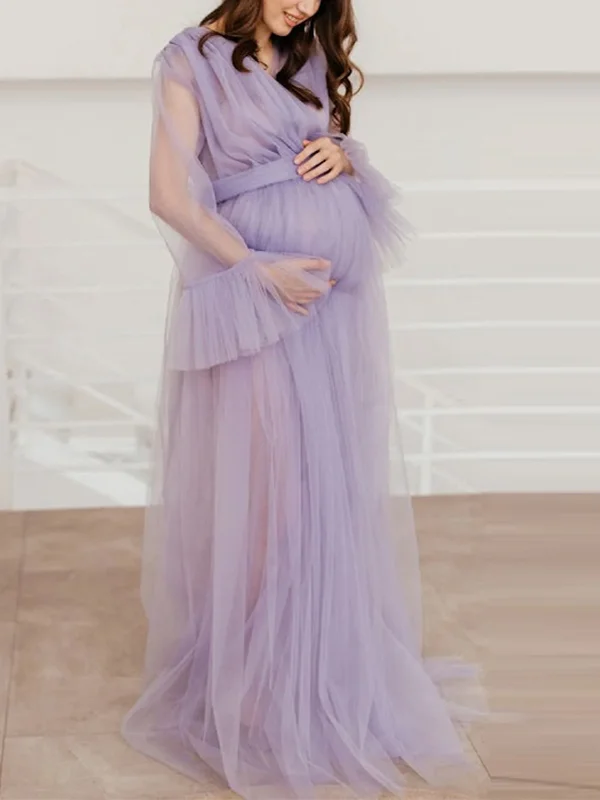 Maternity V-Neck Solid Color Mesh Maxi Dress