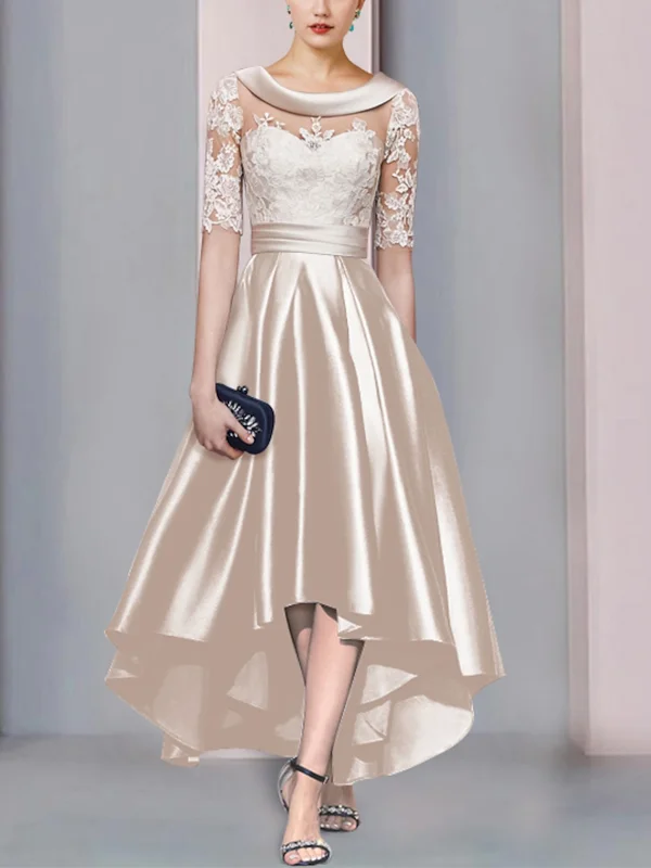 Round Neck Solid Color Lace Midi Dress