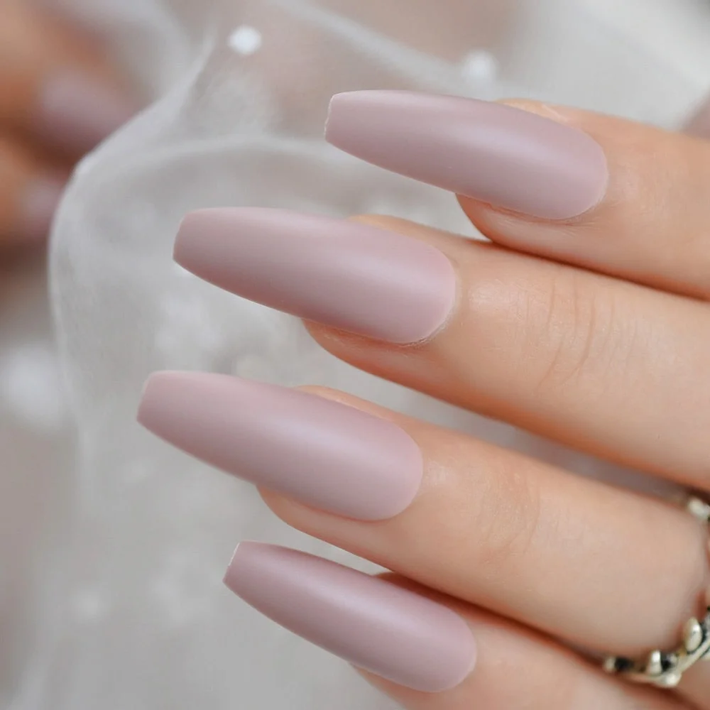Nude Extra Long Fake Nails Coffin Full Cover Glossy False Nail Long Ballerina Nails with Glue Sticker-Nail Inspo