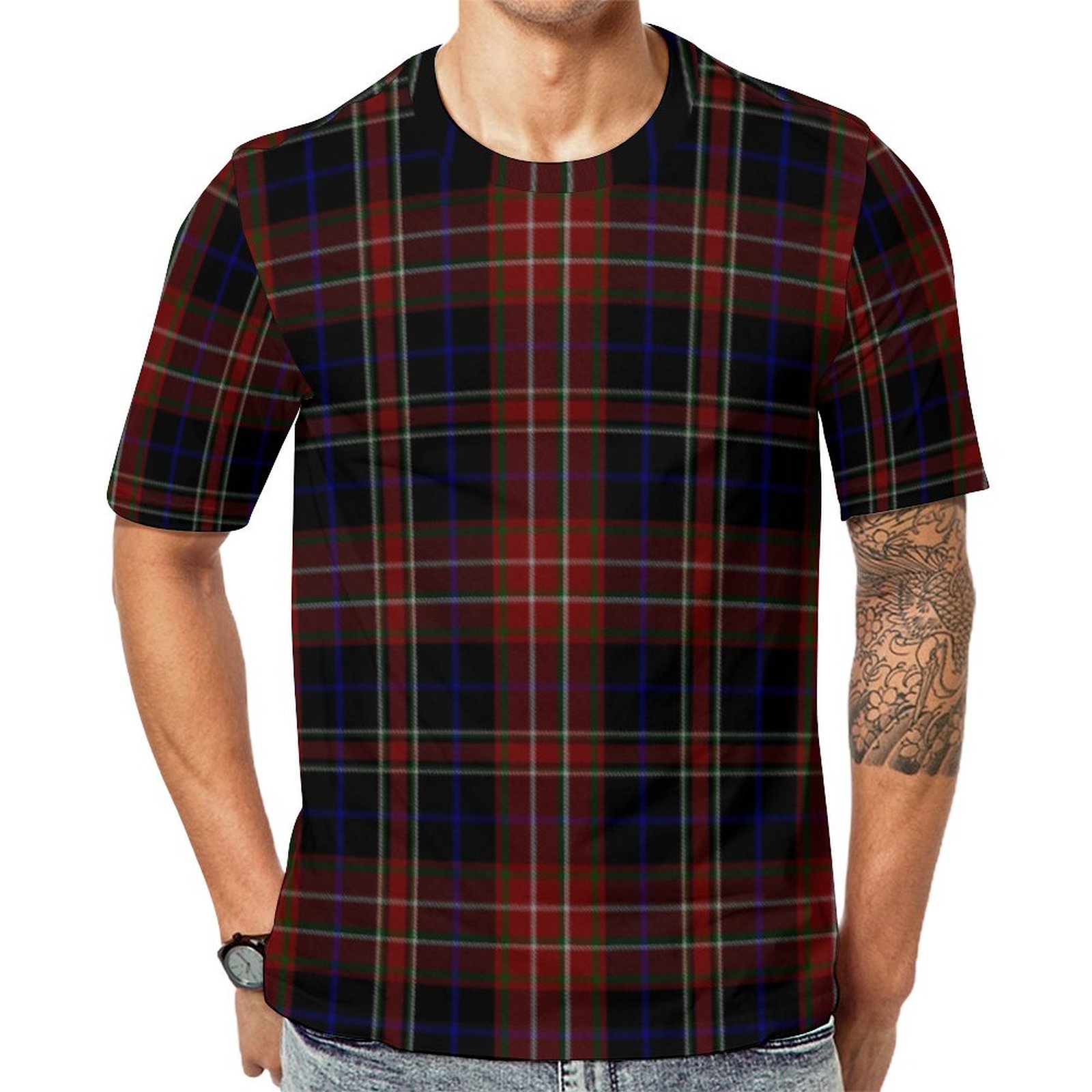 Macdonald Tartan Plaid Black Red  Short Sleeve Print Unisex Tshirt Summer Casual Tees for Men and Women Coolcoshirts