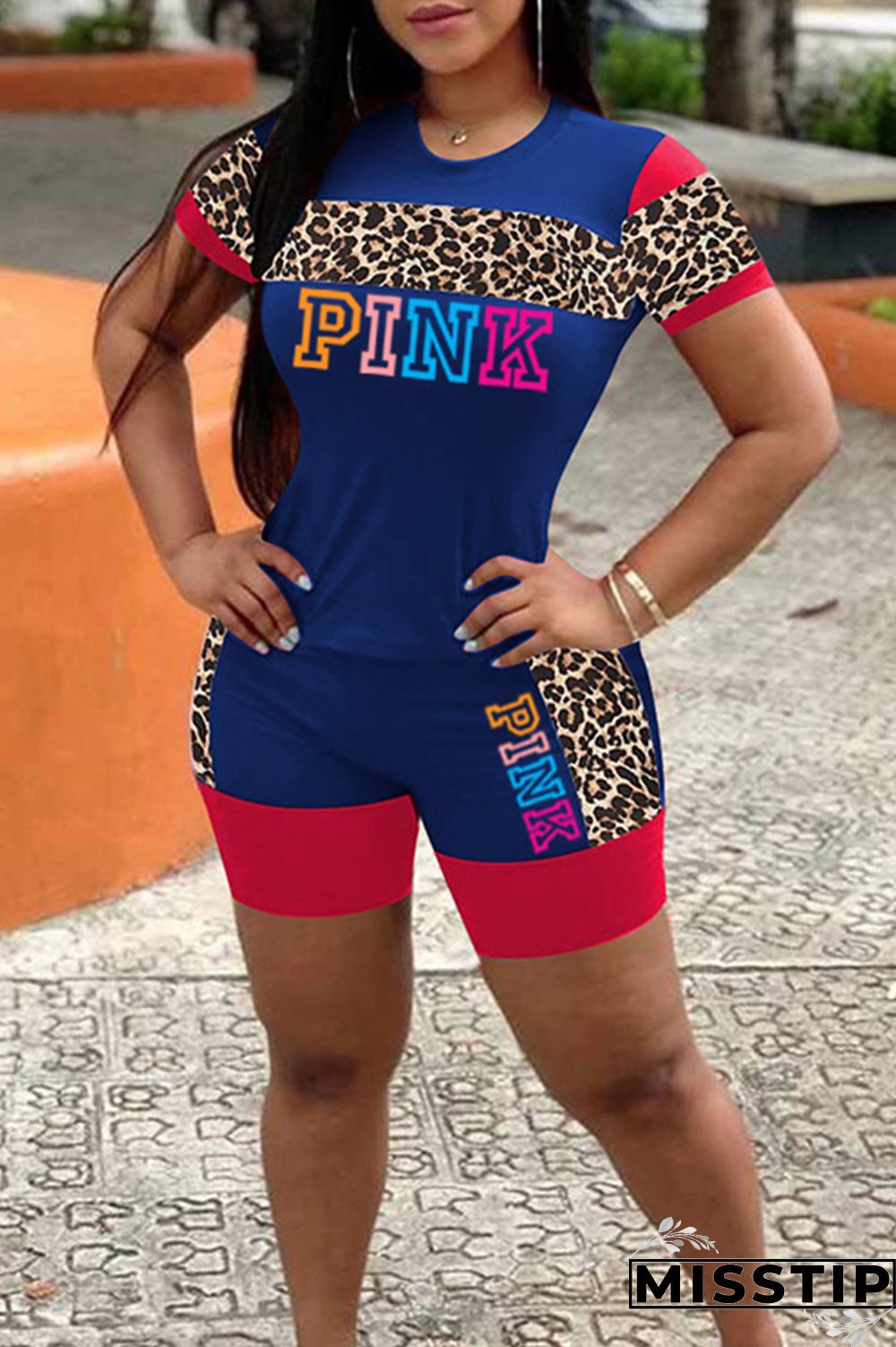 Black Fashion Casual Letter Print Leopard Patchwork O Neck Short Sleeve Two Pieces