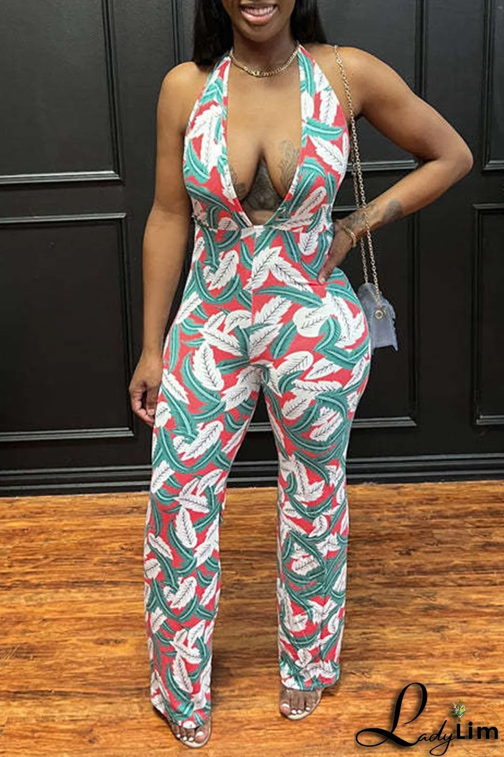 Green Sexy Print Split Joint Halter Regular Jumpsuits