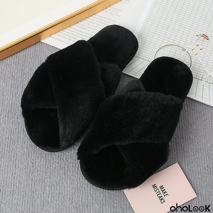 Faux Fur Crisscross Strap Slippers