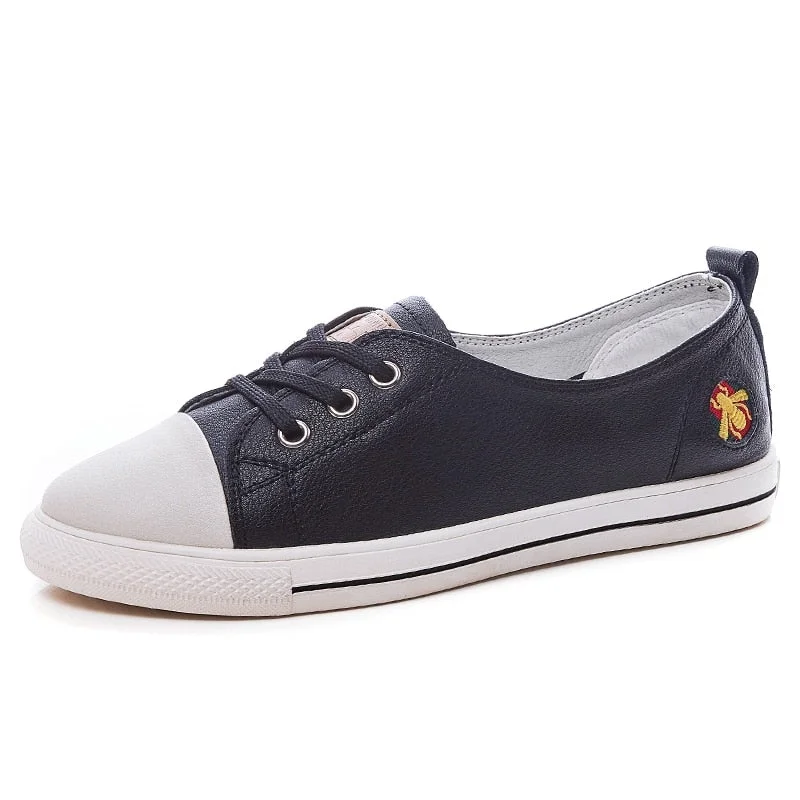 Summer Genuine Leather Casual Shoes Women Flats White Sneakers Comfortable Vulcanized Fashion Women's Slip-on Shoe Large Size 42