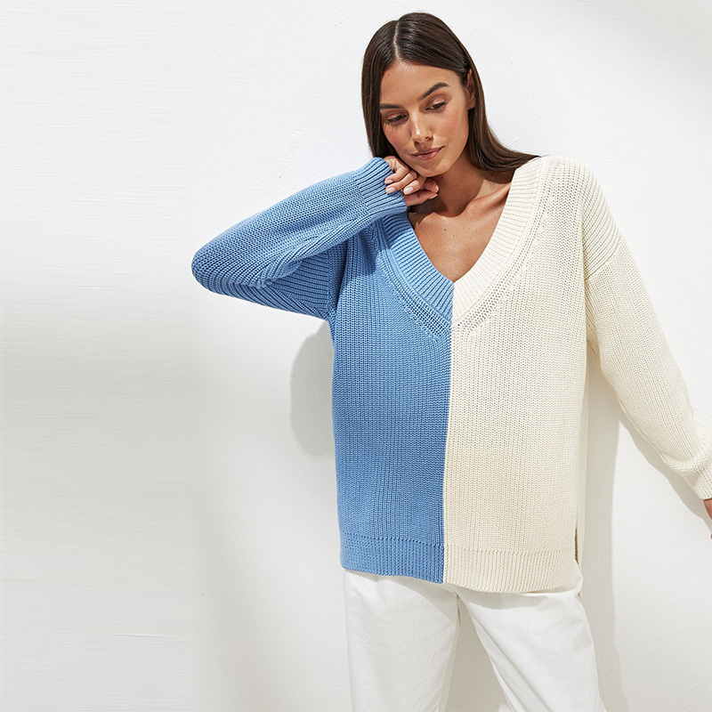 Ootddress V-Neck Waffle Knit Sweater Tops For Women Autumn 2025 New Patchwork Pullover Fashion Streetwear Casual Oversized Knitwear